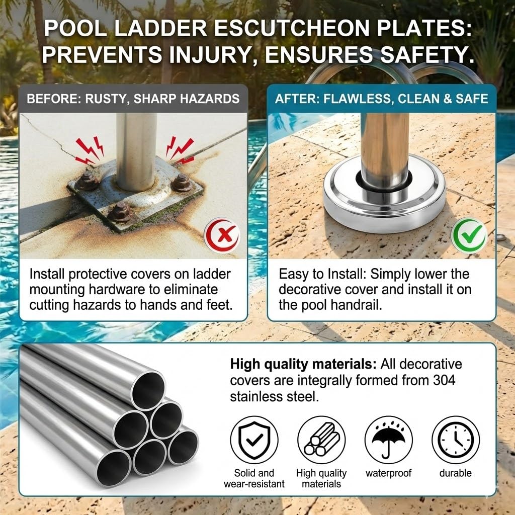 Stainless Steel Pool Handrail Covers, Fits 1.9" Tubing, Rust-Proof Escutcheon Plates & Safety Trim Rings for Deck Anchors, 304 Stainless Steel, Mirror-Polished Finish (4)