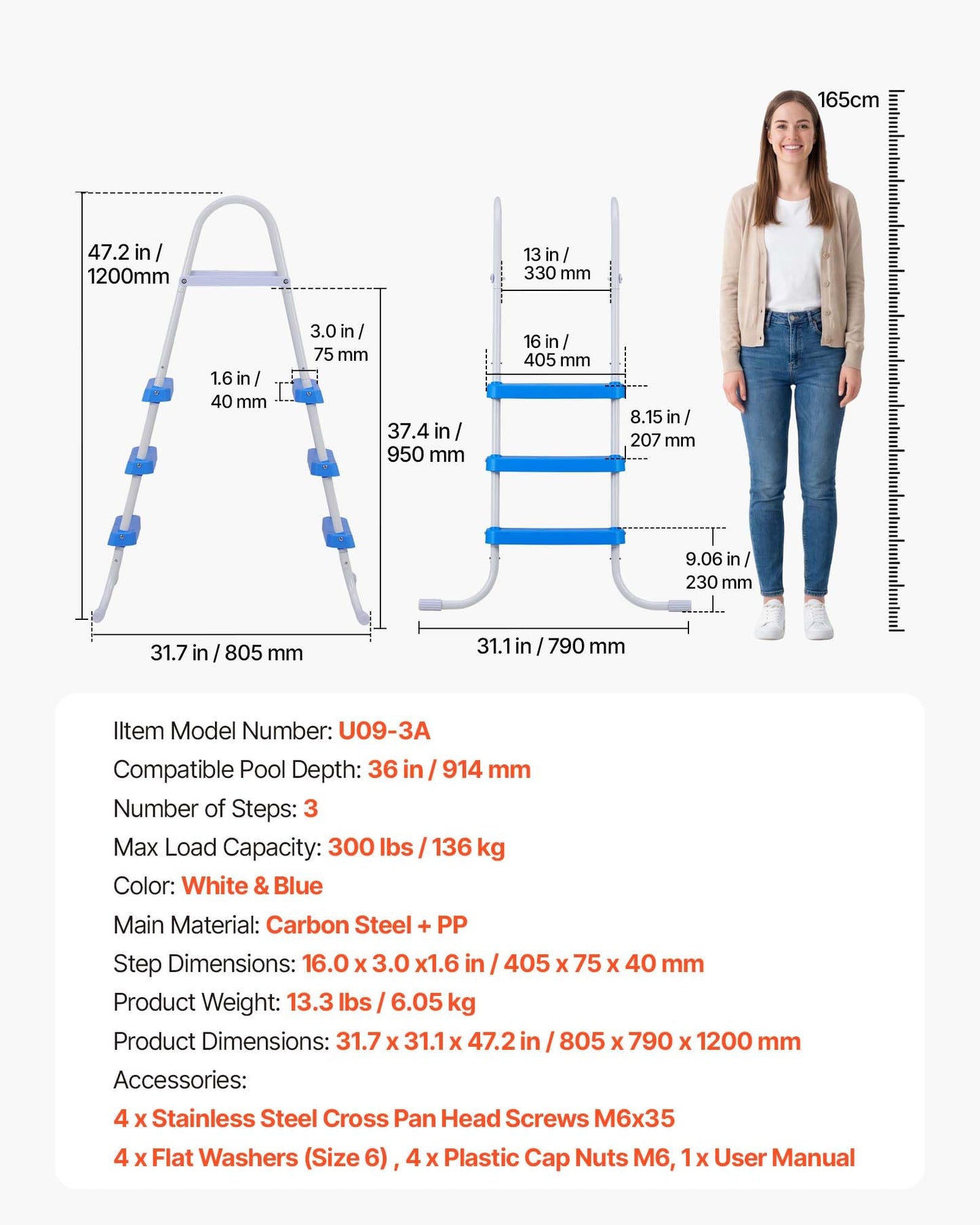 VEVOR Above Ground Pool Ladder, 3-Step Steel A-Frame Swimming Pool Stairs for 36 in High Wall, 300 lbs Capacity Entry/Exit Steps with Secure Non-Slip Sturdy Wide Step, Easy Setup, White & Blue