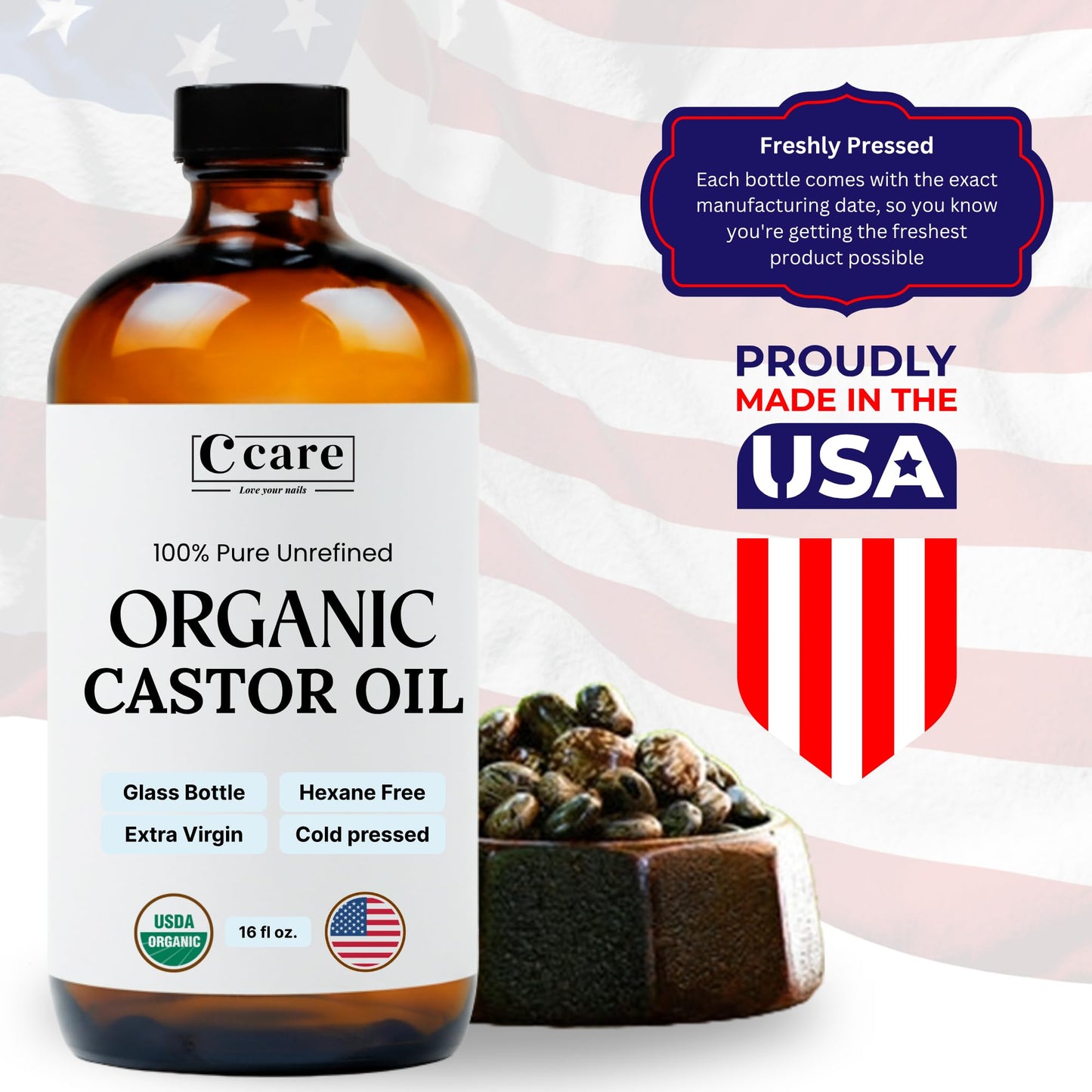 Castor Oil 100% Pure Organic Cold Pressed Unrefined Glass Bottle | USDA Certified Organic | Hexane Free Extra Virgin | for Hair Growth Eyebrows Eyelashes Skin and Castor Oil Pack Wrap | 16oz
