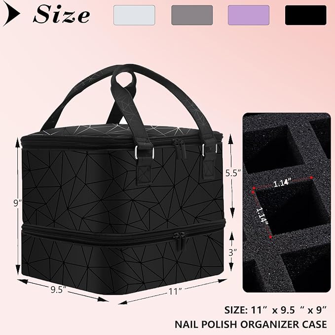 Nail Polish Organizer Case - Holds 42+ Bottles (15ml/0.5 fl.oz) and 1 Nail Lamp, Upgraded Double-layer Nail Polish Carrying Case Nail Storage Bag with Handles (Black)