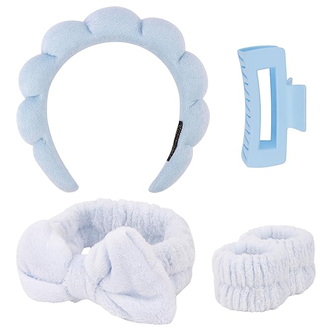 SPA Headbands for Washing Face Makeup Headbands with Bow Hair Band Women Facial Head Band Wrist Towel Wraps For Shower Face Mask Blue, 5 Pack