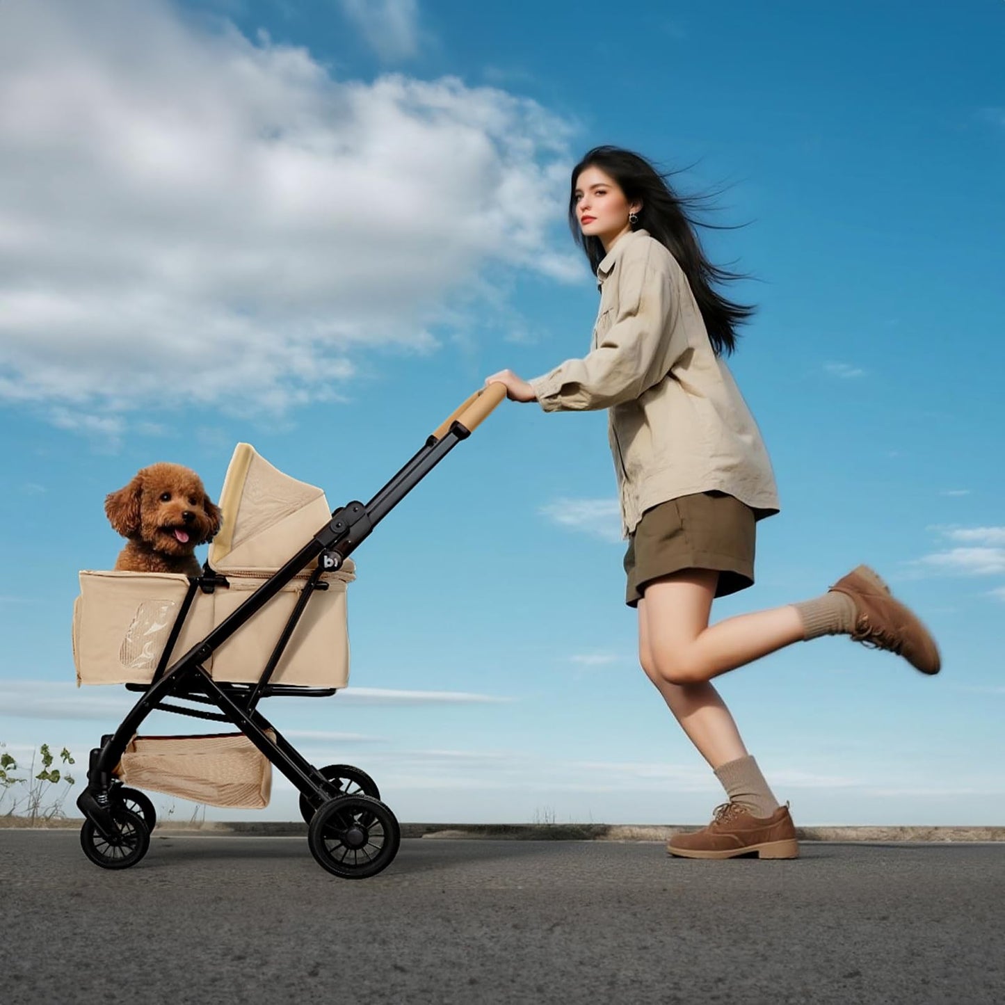 Foldable Dog Stroller Portable Compact Pet Stroller for Small Medium Dogs Cats Up to 35lbs One Click Folding Large Cat Carriage with Adjustable Canopy, Storage Basket - Khaki