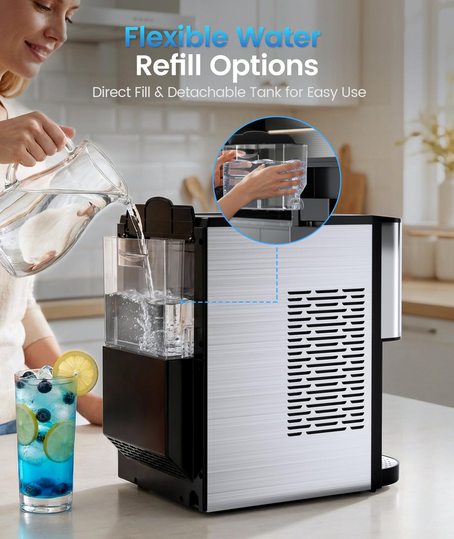 Antarctic Star Nugget Ice Maker Countertop with Soft Chewable Ice, 44Lbs/24H Portable Pellet Ice Machine with Self-Cleaning, One-Click Operation, for Home/Kitchen/Office, Stainless Steel, Silver