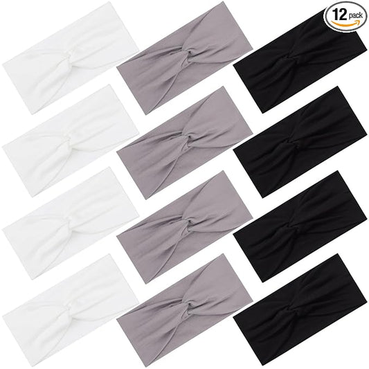 12 Pcs Stretchy Headbands for Women, Absorbed Sport Headband Soft Twist Knotted Hairbands for Daily Life Yoga Workout(Black/Grey/White)
