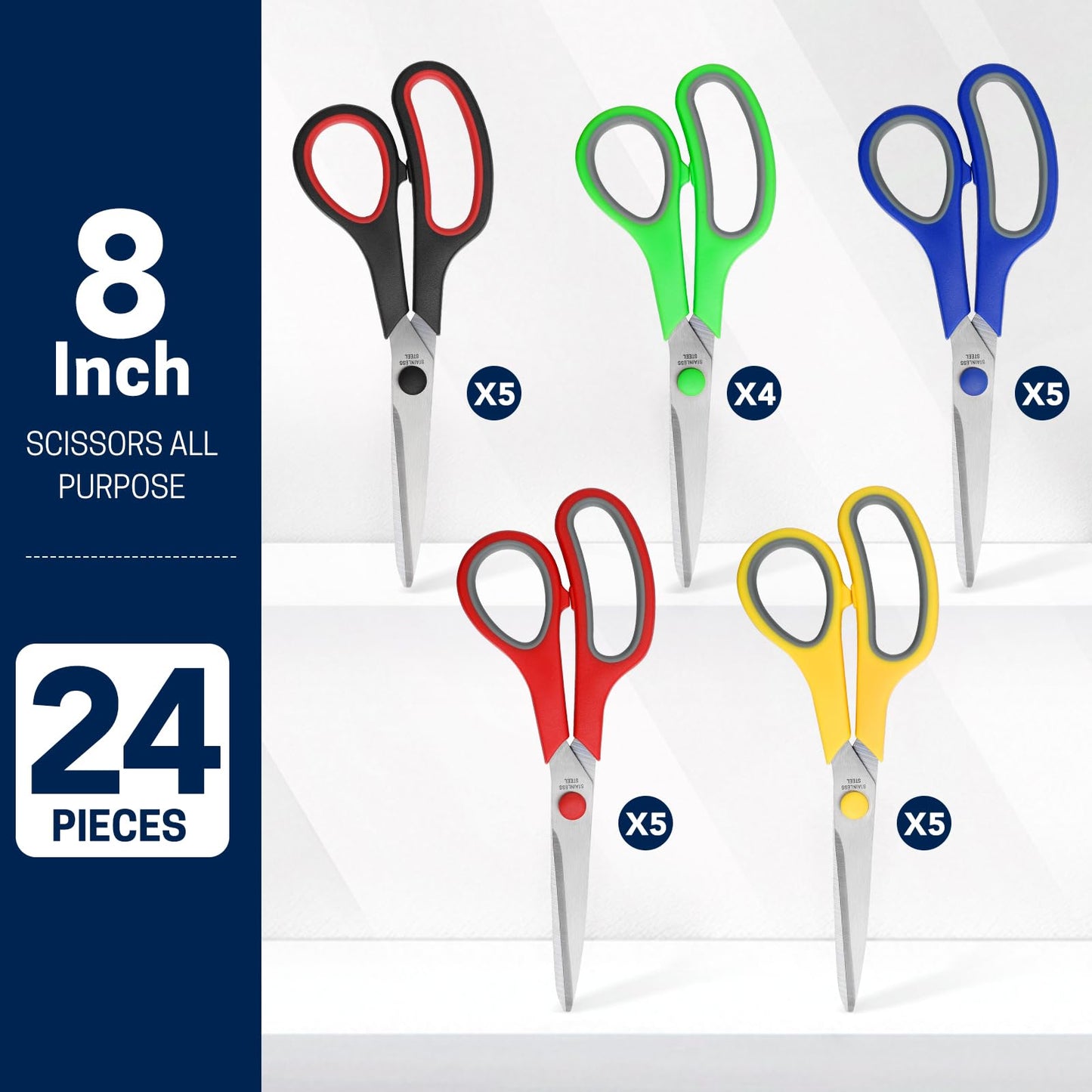 BURVAGY 24-Pack 8" All Purpose Heavy Duty Sharp Scissors Bulk for Office School Home Stainless Steel Blades Safety Soft Grip Handles,Right/Left Handed Scissors