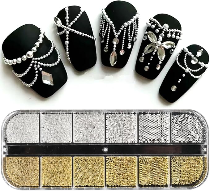0.8mm Mini Small Nail Beads Stainless Steel Beads Nail Beads Gold Charms Nails Art Decorations Gun Grey Rose Gold Caviar Nail Charms DIY Tool Nail Studs Accessories Caviar Beads for Nails (Silver)