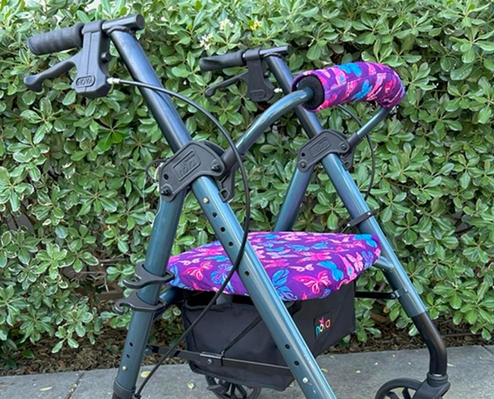 Nova Joy Rollator Walker Seat and Backrest Cover Set - Removable Washable Fabric Cushion Covers for Standard Rolling Walkers - Style/Comfort Upgrade - Essential Mobility Accessory - Purple Butterflies