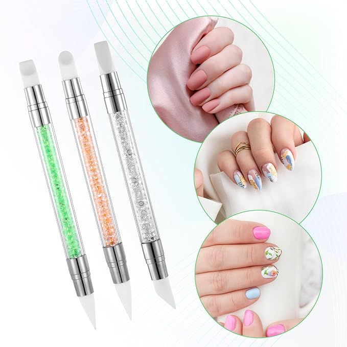 3 Pcs Nail Art Sculpture Pen, Dual Tipped Silicone Nail Tools, Acrylic Nail Art Brushes, Rhinestone Nail Polish Carving Pen, Nail Art Tools for Home Salon (White, Green, Orange)
