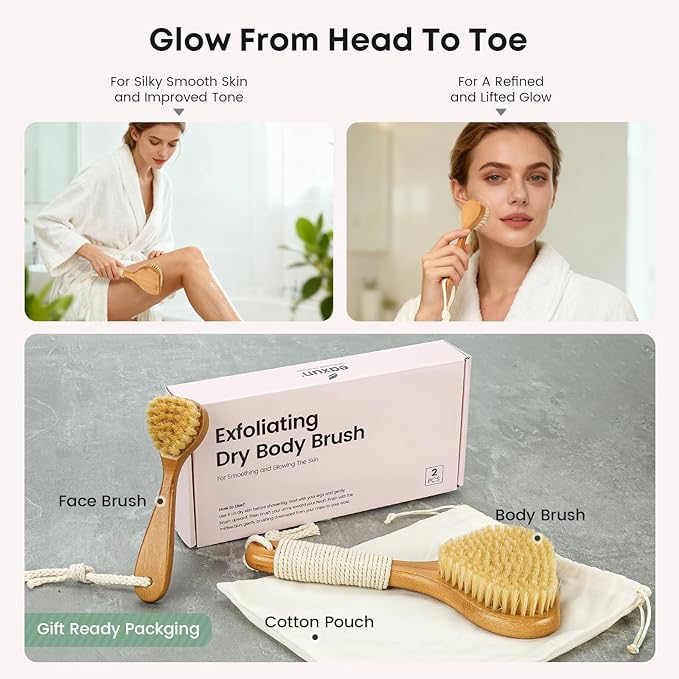Bamboo Dry Brushing Set with Body and Face Brush, Dry Scrub Brush with Exfoliating Natural Boar Bristle for Lymphatic Drainage, Cellulite Reduction, Blood Circulation and Glowing Skin, 2 Pack