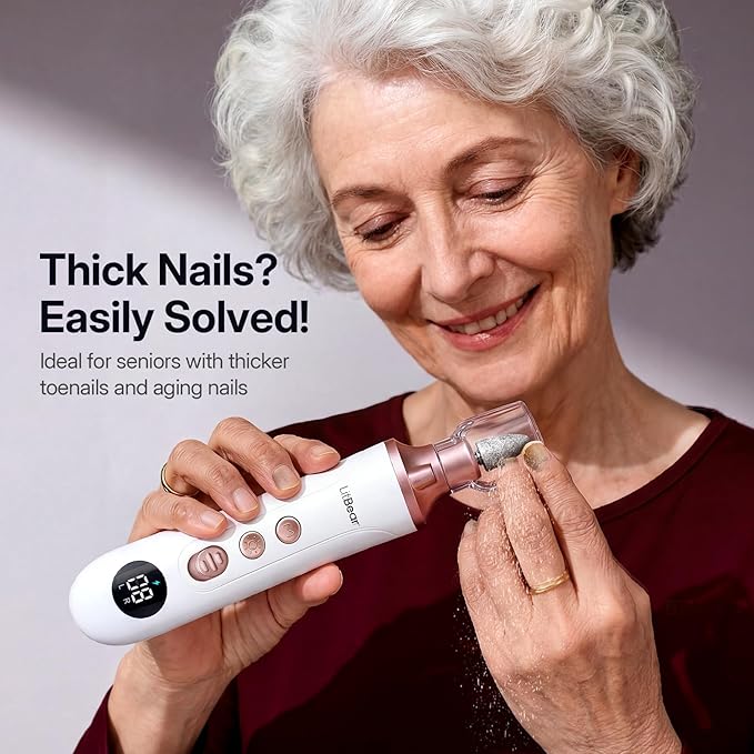 Litbear Electric Nail Drill File Set, 15 Speed Professional Thick Toenail Grinder, Cordless Pedicure Manicure Tool Callus Remover for Women Men Senior Hand Feet Care, Home Salon Use (White)