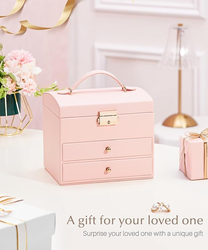Homde Girls Jewelry Box with Lock: 3 Layer Organizer with Removable Tray - Storage for Ring Necklace Earring - Birthday & Return Gifts for Young Women (Blush Pink)