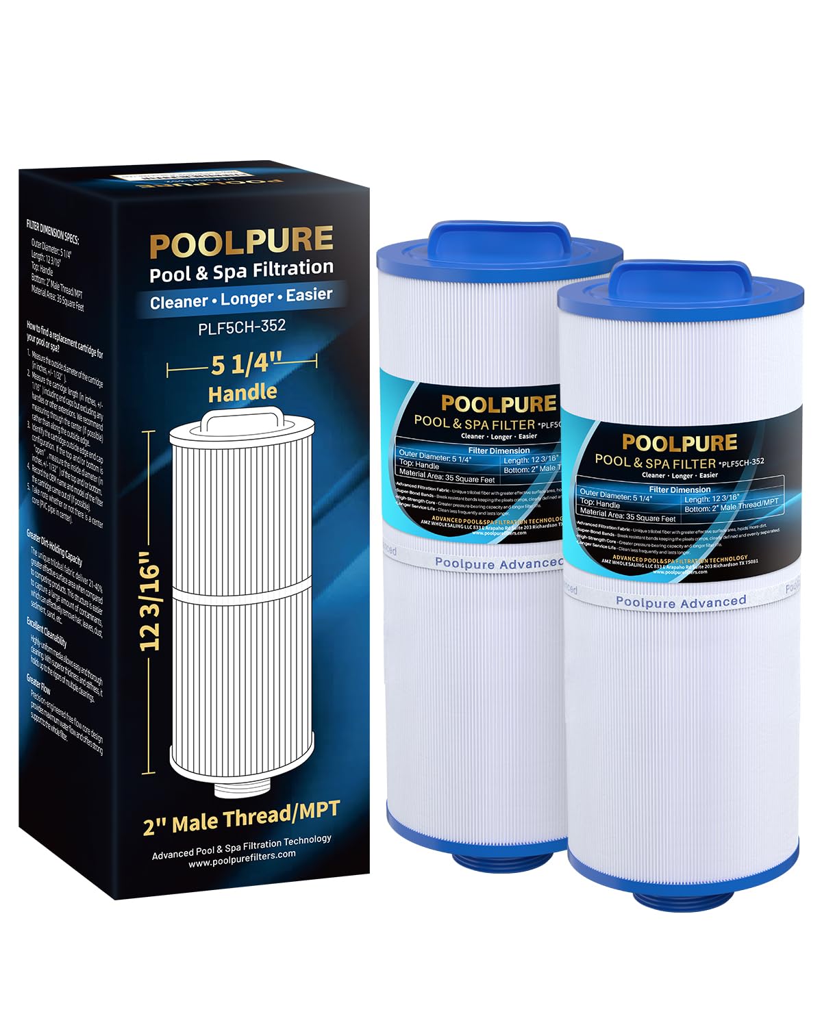 POOLPURE 5CH-352 Spa Filter Replaces PPM35SC-F2M, Marquis Spa 20042, 20092, 70-0240, 370-0242, 370-0243, Filbur FC-0196, 2" Male Thread/MPT Hot Tub Filter, 2 Pack