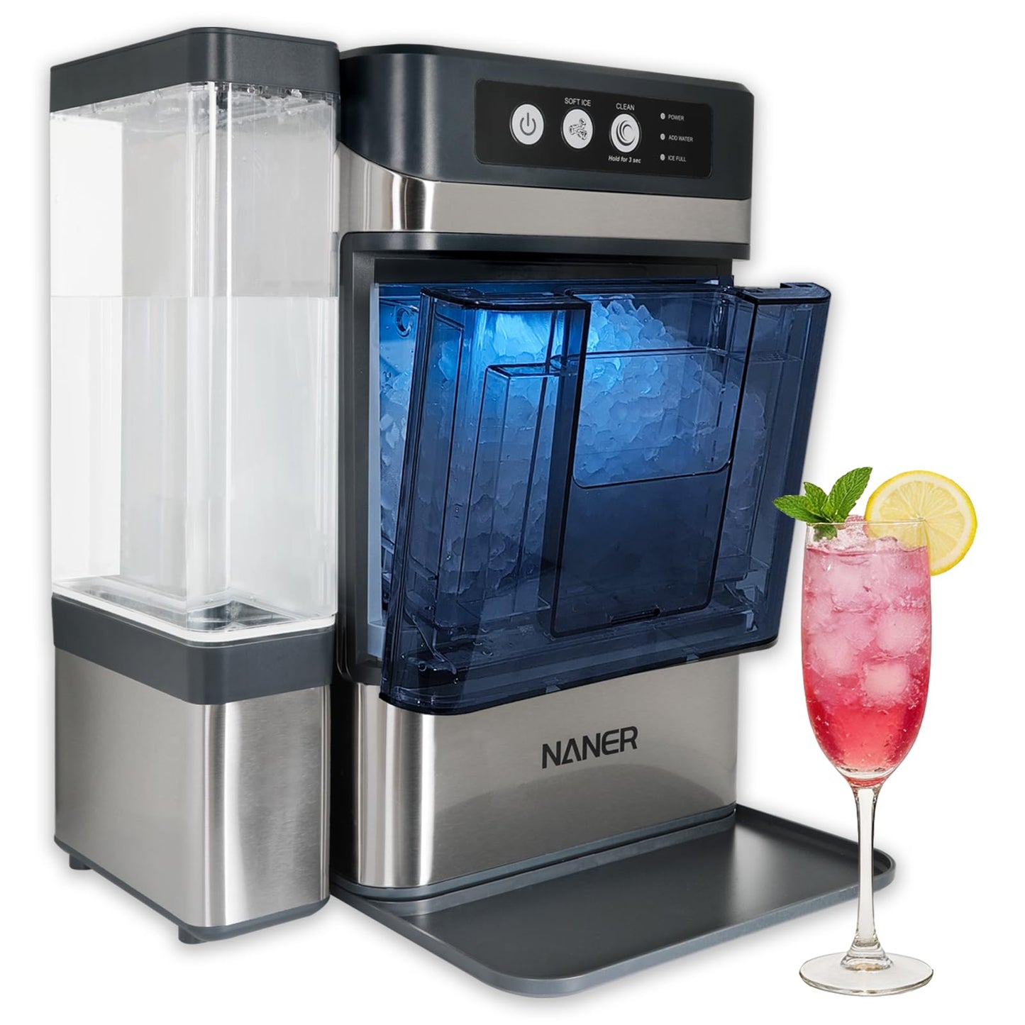 Naner Nugget Ice Makers Countertop 42lbs/Day Large Capacity One-Click Operation Self-Cleaning Portable Ice Maker with A Detachable 3L Water Tank Scoop Included Ice Machine for Home/Kitchen/Office