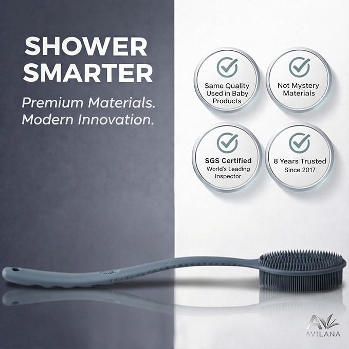 Avilana Premium Back Scrubber Long Handle 19 Inch - Trusted Since 2017 - SGS Certified Silicone Bath Brush, Dual Sided Exfoliating Body Brush Extended Reach Back Washer Women Men Seniors Gift