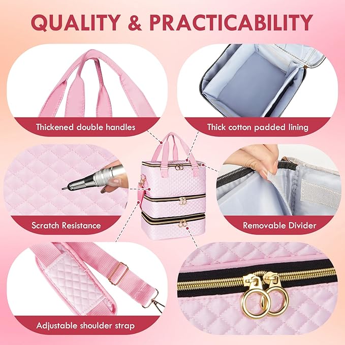 Nail Polish Organizer Bag Hold 84 Bottles(15ml/0.5 fl.oz), 3 Layers Nail Kit Supplies Organizer Bag Travel, Nail Organizers and Storage Case with Holder & Shoulder Strap, pink