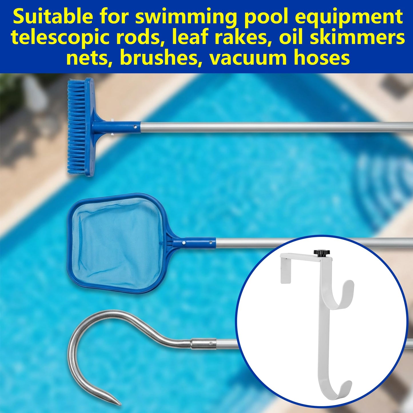 2 Pcs Double Pool Fence Hooks for Pool Equipment, Adjustable Pool Pole Hanger Holder, Rustproof Swimming Pools Skimmer Pole Hooks for Hanging Tool, Hose, Leaf Rakes, Nets Pool-Accessories (White)