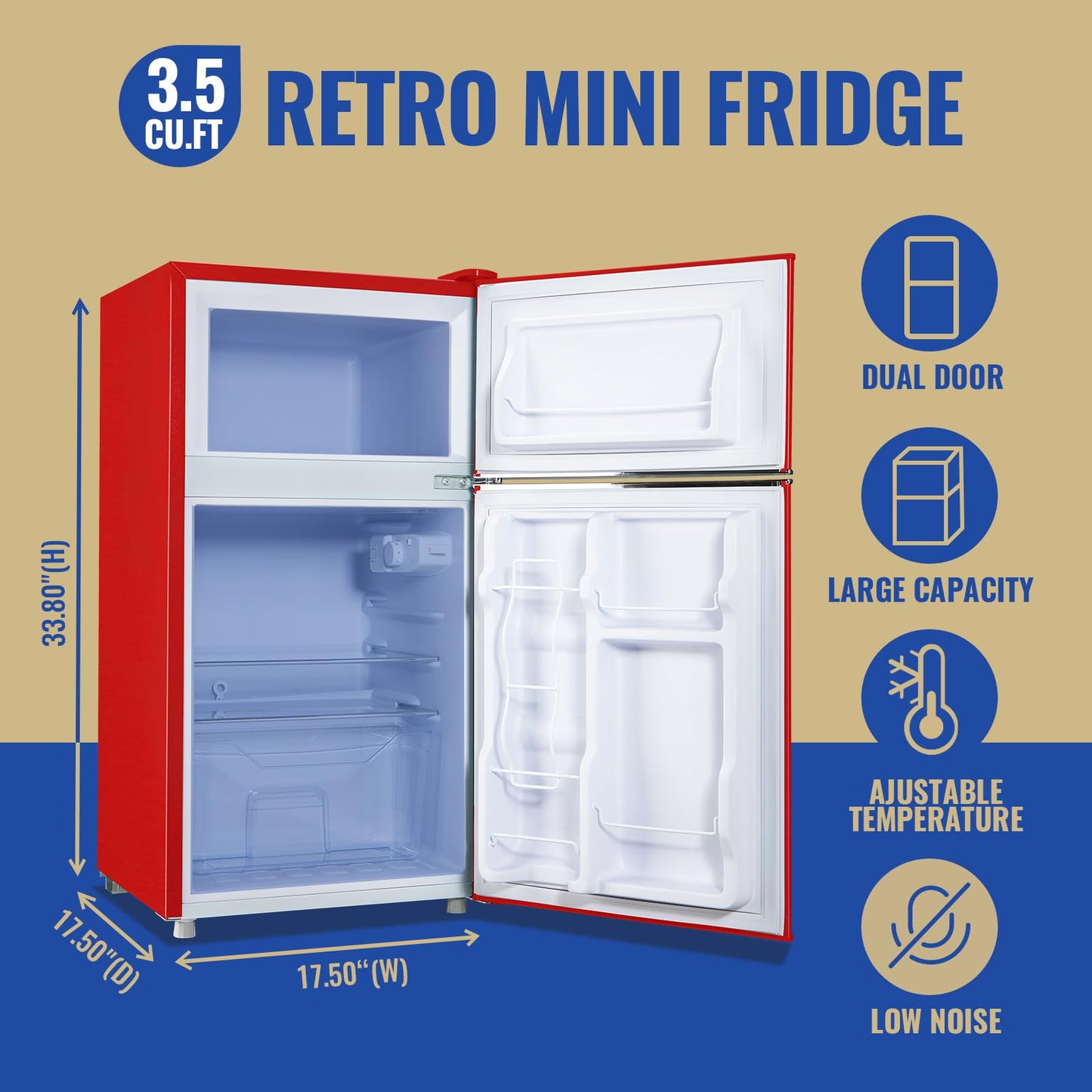 TACOOL 3.5 Cu.ft Refrigerator with Freezer Double Door Red Fridge Adjustable Glass Shelves, Plastic Crisper,7 Level Temperature Control Fridge for Dorm, Office, Apartment