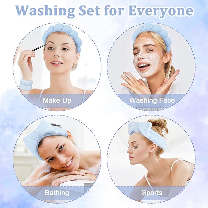 6 Pcs Puffy Terry Cloth Headbands and Wristbands - Sponge Makeup Removal Shower Masks for Skincare and Face Washing