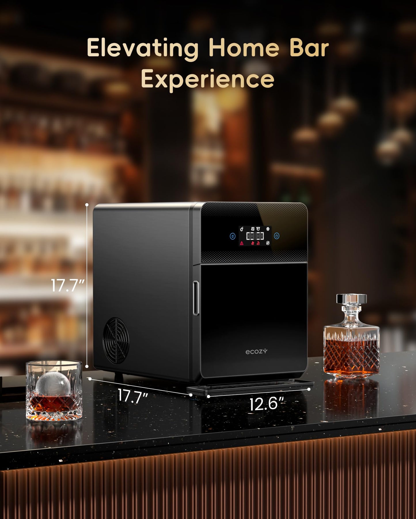ecozy 2" Clear Ice Ball Maker Countertop with CrystalFlux Technology, 4 pcs in 40 Mins, 144 pcs/Day, Sphere Ice Maker with Automatic Water Supply, Self-Cleaning, Enhanced Insulation for Whiskey Bar