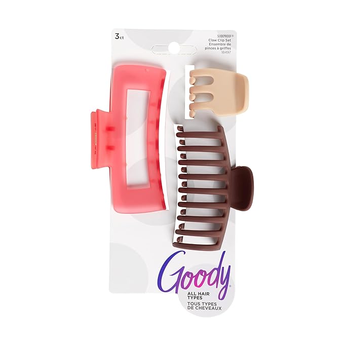 Goody SlideProof Rectangular Claw Clips - 3 Ct (1 Small + 2 Large), Warm Tones, Secure Grip Hair Styling Accessories for Women & Men, All Hair Types