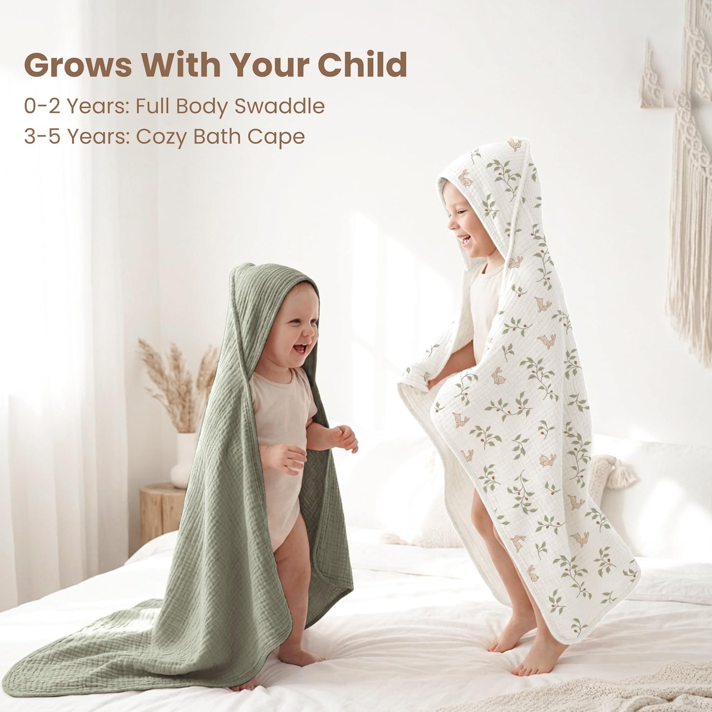 Konssy 2-Pack Muslin Hooded Baby Towels, 100% Cotton, Ultra-Soft & Absorbent Baby Bath Towels with Hood for Newborn & Infant (Fog Green, Sprout, 32" x 32")
