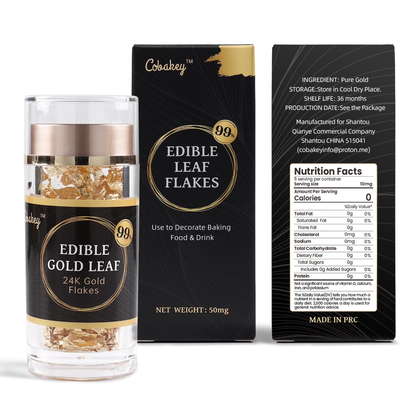 Cobakey Genuine Edible Gold Leaf Flakes - 50mg Edible Gold Flakes for Cake Decoration (Cupcake, Chocolate, Steak, Drink & Cooking), PureGold Leaf with Edible Glitter & Wooden Tweezers