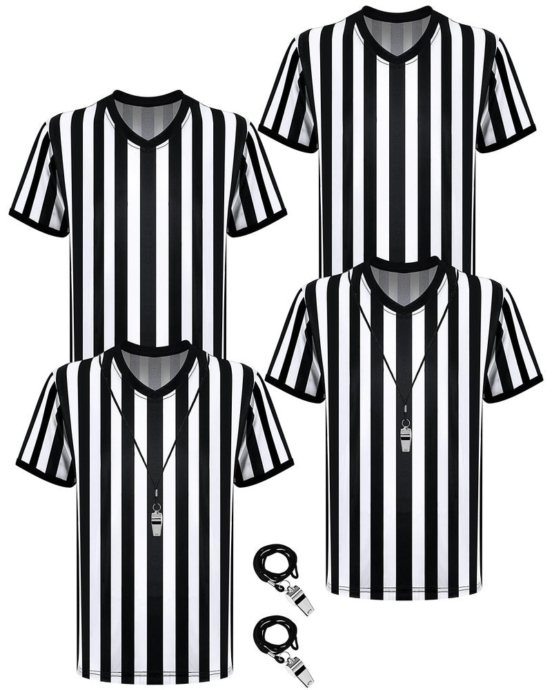 Sintege 4 Sets White and Black Soccer Referee Stripe Shirt with Whistle Official Referee Costume Shirt Football Umpire Jersey Halloween Costume for Adult(Adults Medium)