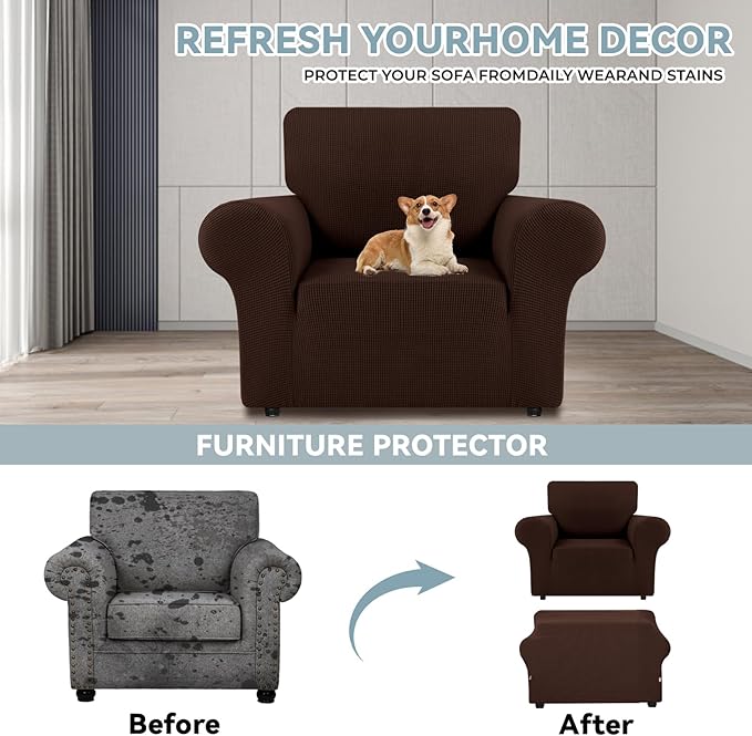 LURKA Stretch Chair Sofa Slipcovers 1 Piece Couch Covers for Sofa Furniture Protector Full Sofa Covers with Elastic Bottom for Kids and Dog (Small, Chocolate)