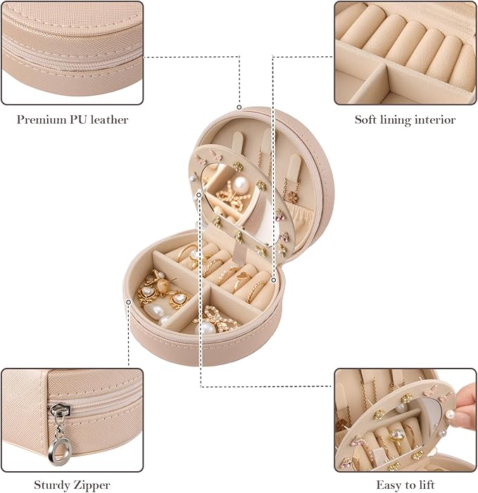 ProCase Travel Size Jewelry Box, Mini Portable Seashell-Shaped Jewelry Case with Mirror, 2 Layer Organizer in PU Leather for Women -Champagne