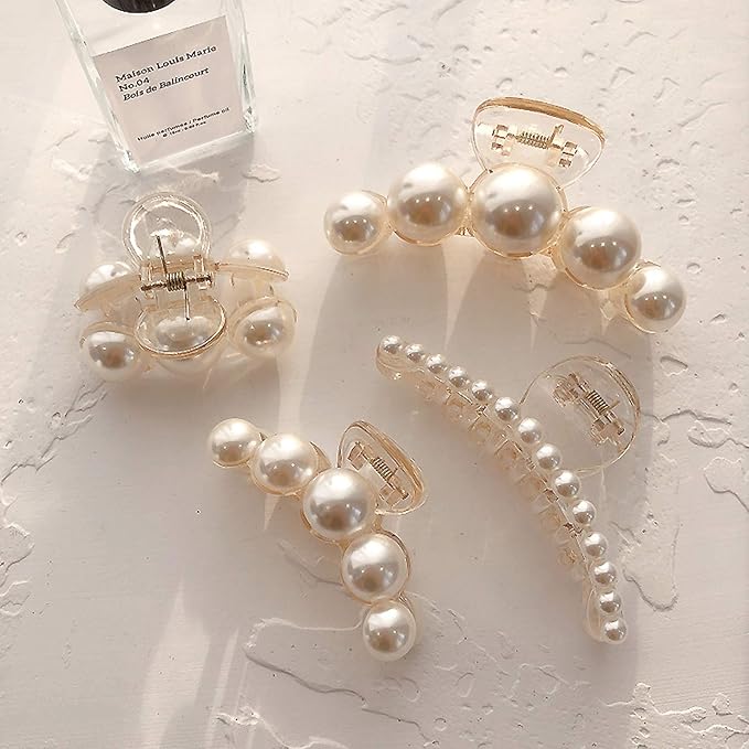 Hair Clips for Women, Large Pearl Hair Claw Clip Set Strong Hold No Slip, Banana Jaw Clip Barrettes, Hair Accessories Birthday Wedding MothdayÃ¢ÂÂs Day Gift for Girl Wife Styling Thick Thin (4 PCS)