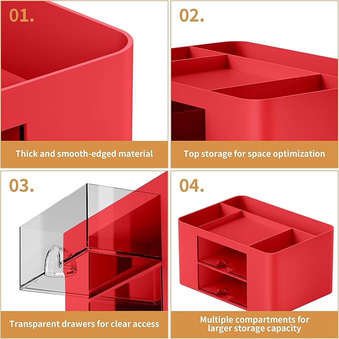 Marbrasse Pen Organizer with 2 Drawer, Multi-Functional Pencil Holder for Desk, Desk Organizers and Accessories with 5 Compartments + Drawer for Office Art Supplies (Red)