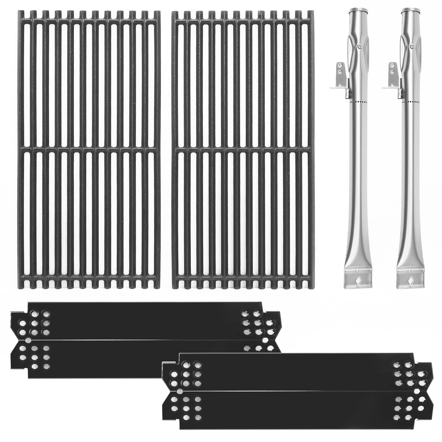 Uniflasy Grill Replacement Parts Kit for Nexgrill 720-0864M, 720-0864 & Evolution 2 Burner Gas Grill – Cast Iron Cooking Grates 17" x 8 3/4", Stainless Steel Burners, Heat Plates & Igniters