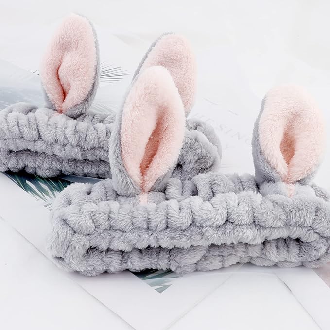 YISSION Cute Bunny Ear Spa Headband for Women and Girls - Soft Plush Makeup Headband for Face Washing, Skincare, Shower, Easter Party Favors (2 Pack, Gray with Pink Inner Ears)