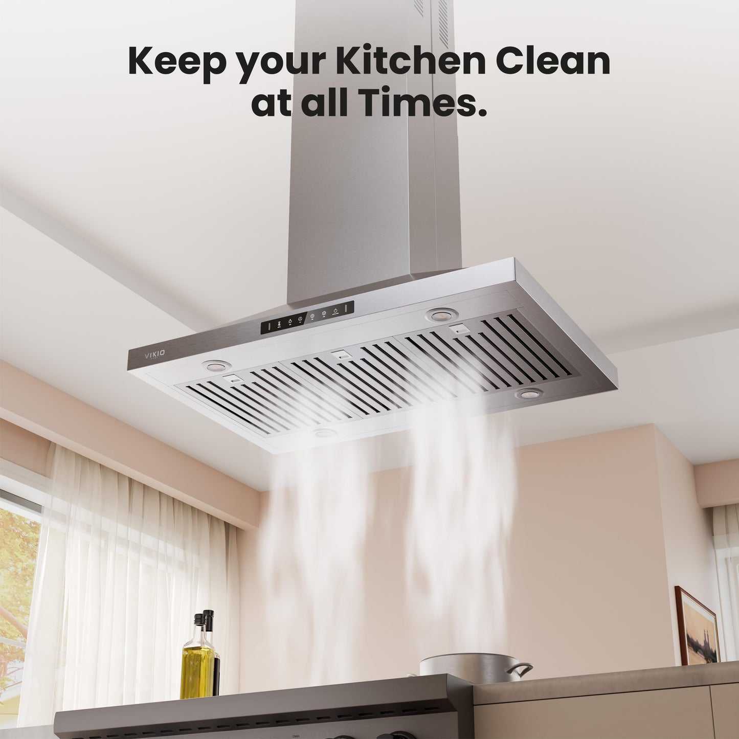 VIKIO HOME 30 Inch Island Range Hood, 390 CFM kitchen Hood with Dual-Sided Touch/Gesture Control, Convertible Ducted/Ductless, Ceiling Mount, 3 Stainless Steel Baffle Filters, 3-Speed Fan