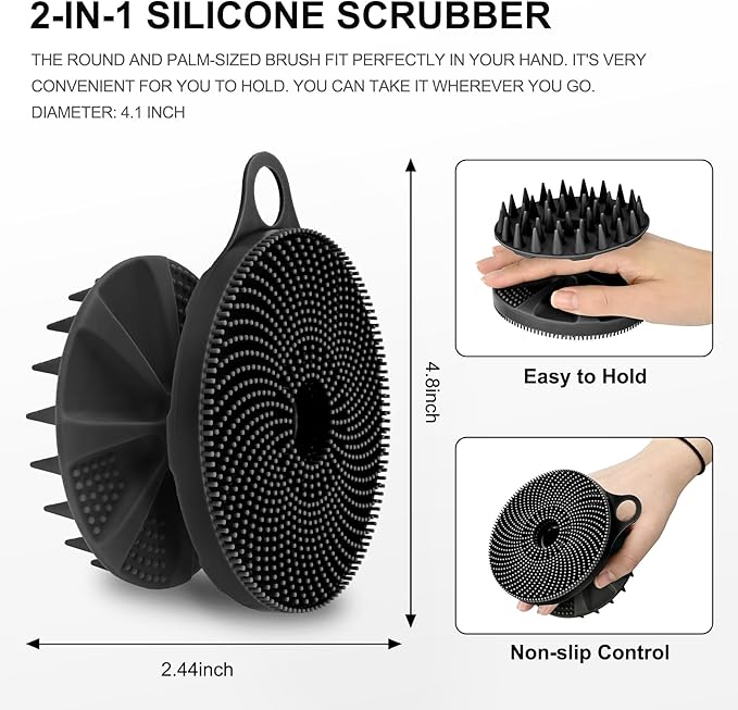 INNERNEED 2-in-1 Silicone Body Scrubber and Scalp Massager Shampoo Brush, Food-Grade Soft Material, More Hygienic, Easily Lather, Convenient for Travel, Gym, Business,etc (Black)