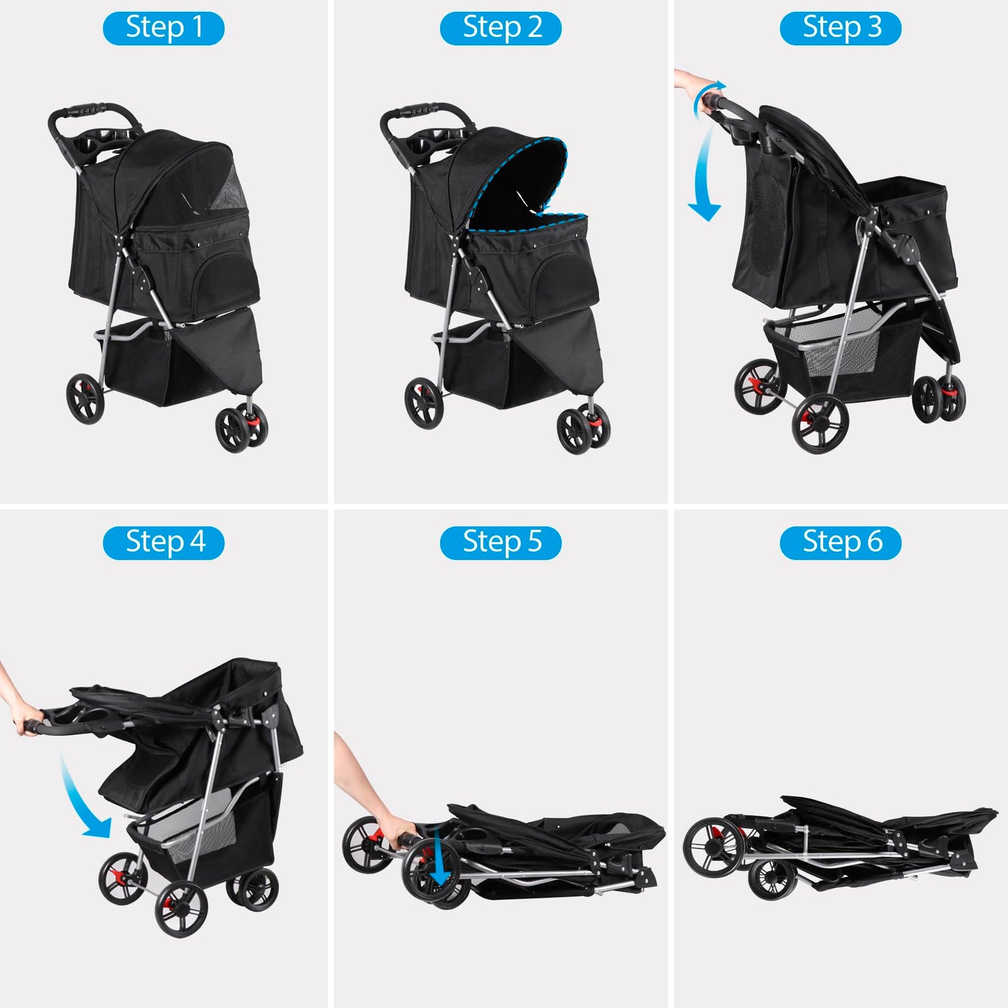 Foldable Pet Stroller for Cats and Dogs 3 Wheels Carrier Strolling Cart with Weather Cover, Storage Basket + Cup Holder (Black)