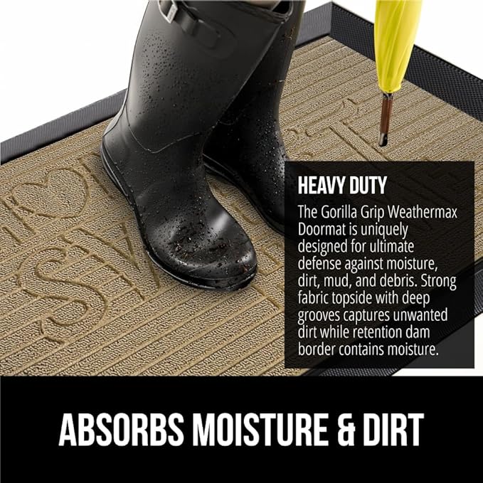 GORILLA GRIP 100% Waterproof All-Season WeatherMAX Doormat, US Designed Natural Rubber, Stain and Fade Resistant, Low Profile Indoor Outdoor Door Mats, Easy Clean Patio Mat, 17x29, Home Sweet Home
