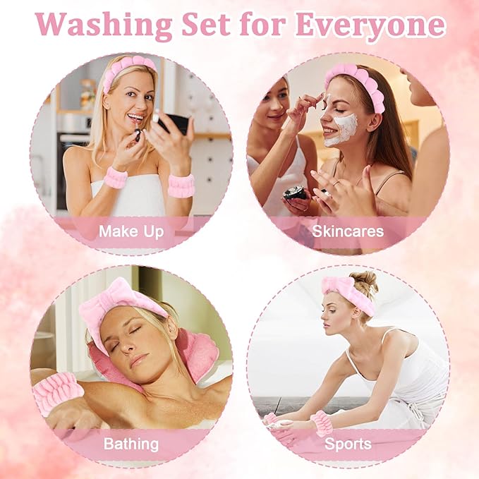 6 Pcs Puffy Terry Cloth Headbands and Wristbands for Skincare, Shower, and Makeup Removal