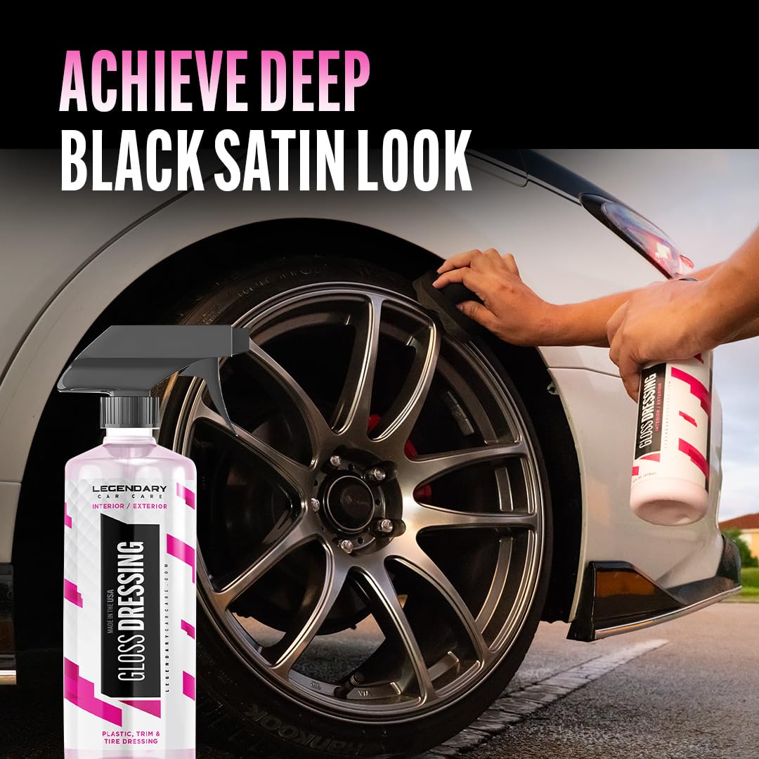 Legendary Gloss Dressing with Applicator 16oz - Tire Shine Spray & Plastic Restorer – Water Based & Non-Greasy Interior/Exterior Detailing Spray - Trim, Rubber, Vinyl & Plastic Restorer for Cars