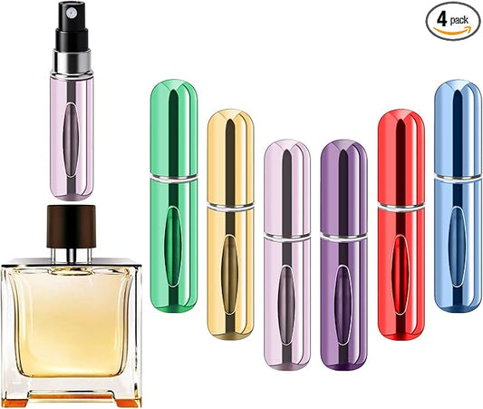 Refillable Perfume Portable Atomizer Bottle Refillable Perfume Spray, Travel Perfume (5ml, 4 Pack) (Green, Gold, Pink, Purple, Red, Light Blue)