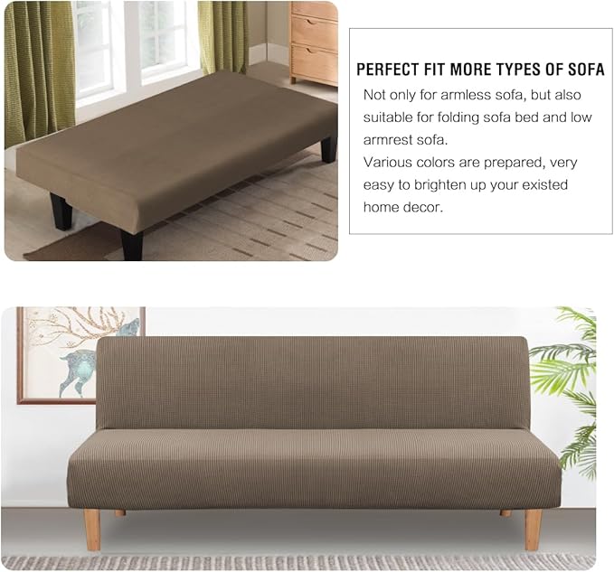 H.VERSAILTEX Armless Futon Cover Stretch Sofa Bed Slipcover Protector Elastic Feature Rich Textured High Spandex Small Checks Jacquard Fabric Futon Cover, Machine Washable, Macchiato