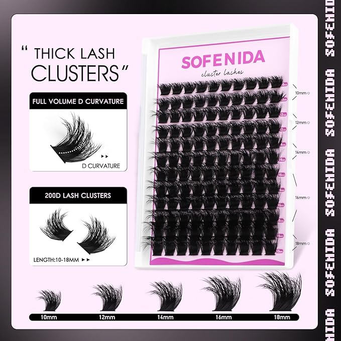 SOFENIDA Lash Clusters Thick 200D Eyelash Clusters 10-18mm Volume Cluster Lashes D Curly Cluster Eyelash Extensions Wispy Lash Clusters DIY Lash Extension at Home(200D-10-18MIX Lashes)