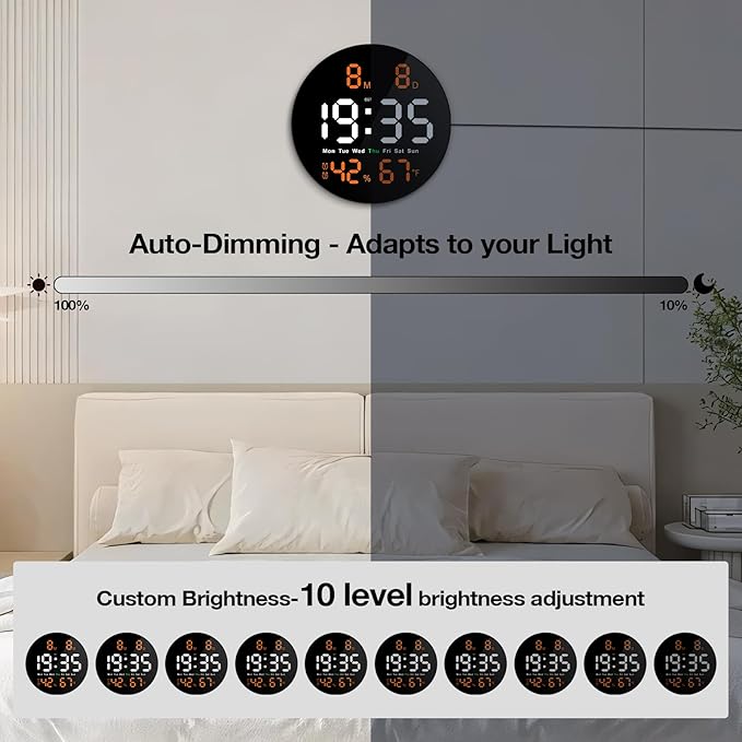 Brauthon Large Digital Clock for Classroom, Digital Classroom Clocks for Teachers, 10" Round LED Clock with Large Display，Date, Countdown Timer, Remote Control, Temperature, Electric (Orange)