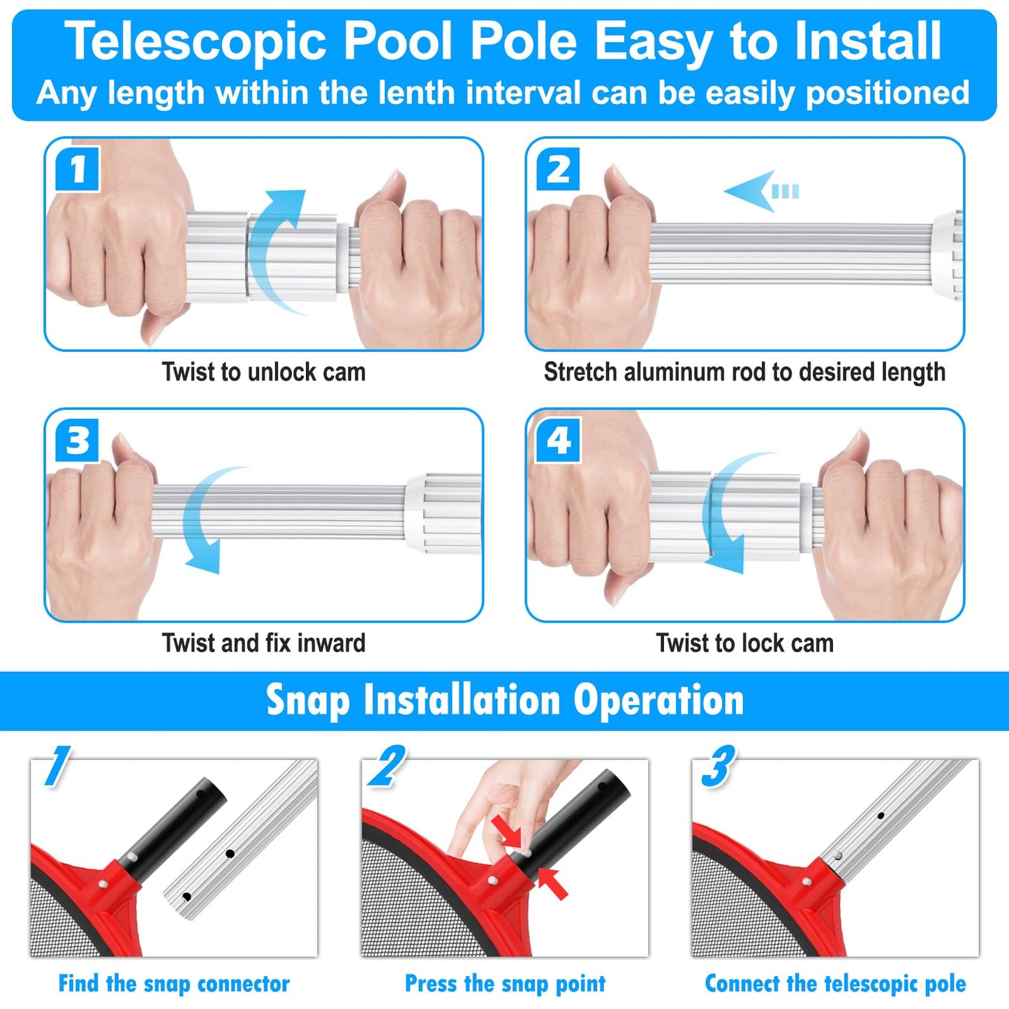 UPGRADED Pool Pole 15 Foot Telescopic Swimming Pool Poles,Telescopic Pool Cleaning Pole,Adjustable Professional Pole for Skimmer Net,Rake,Brush,Vacuum Head,Heavy Duty Aluminum Thicken 1.3mm Pole