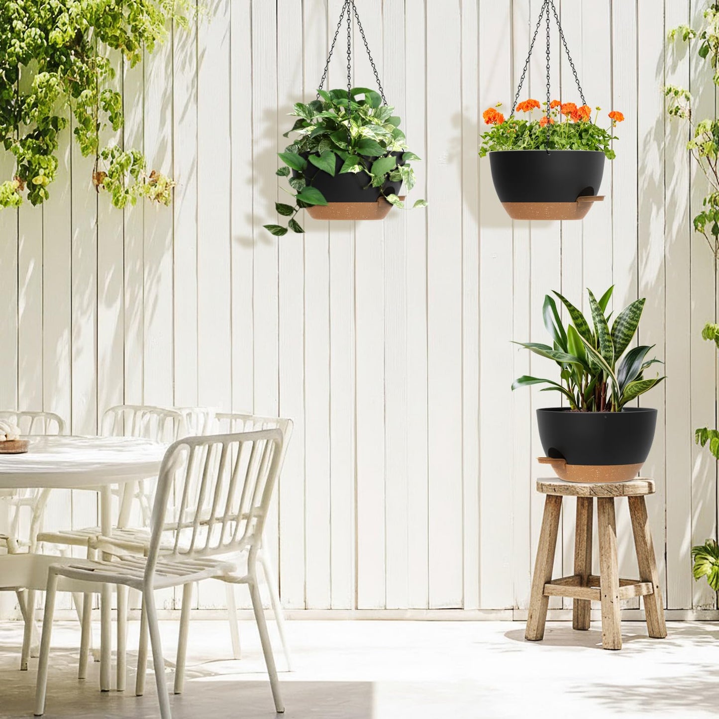 3 Pack 10 Hanging Flower Pots with Chains Self Watering Plastic Planters for Indoor Outdoor Plants, Sturdy Triangular Iron Chain Design for Garden PorchPlastic hanging flower pots (3, Black Brown)