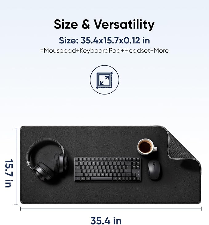 Waterproof Large Gaming Mouse Pad with Durable Stitched Edges, Non-Slip Rubber Base, Grainy Jacquard Mouse Mat Desk Pad for Home Office Gaming, 35.4''x15.7''x0.12'', Matte Black