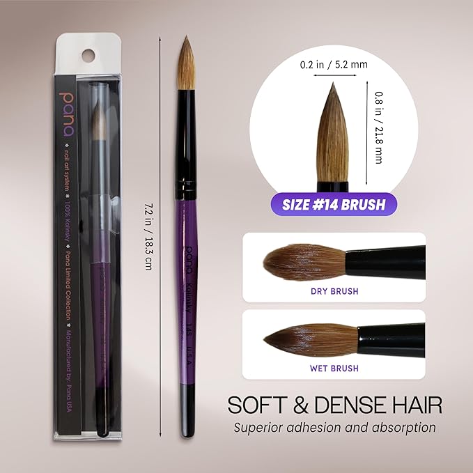PANA Pure Kolinsky Hair Acrylic Nail Brush - Round Shape Black Ferrule with Purple Wood Handle (Size 14) - for Acrylic Nail Application, Nail Extension, Manicure Pedicure Salon Beginner & Professional