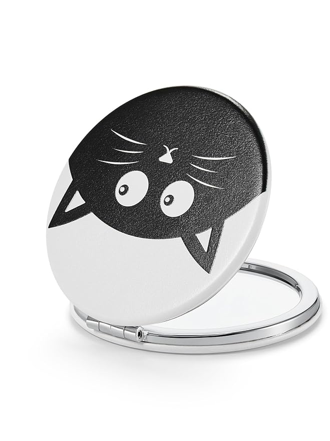OMIRO 1X/10X Compact Magnifying Mirror, Unique Painting Pocket Mirror with Classical PU Leather (Round, Black Cat)