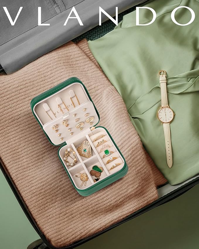 Vlando Travel Jewelry Case, Small Travel Jewelry Organizer Box for Girls Women - Dark Green