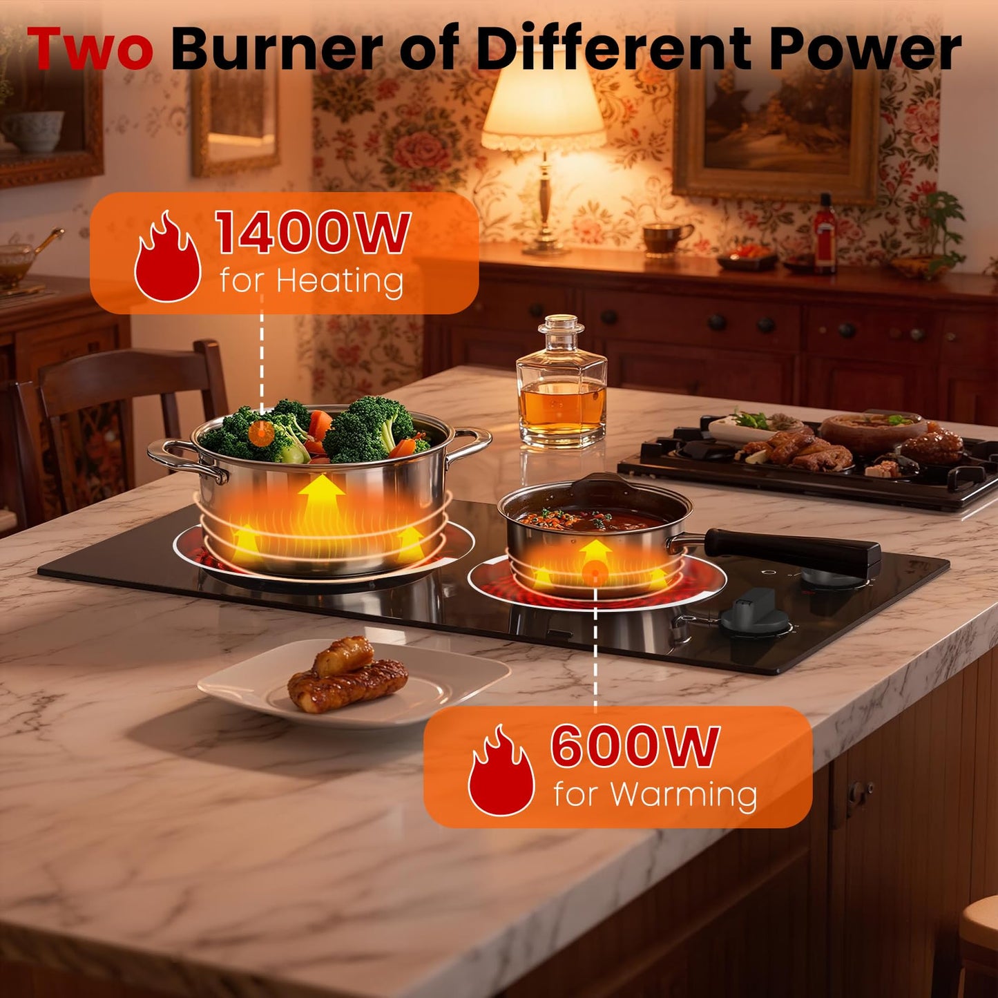 Jessier 2 Burner Electric Cooktop - 12 Inch Plug in Portable 110V Electric Cook Top Two Burner, Built-in & Countertop Ceramic Stove Top with Knob Control, 9 Power Levels and Overheat Protection